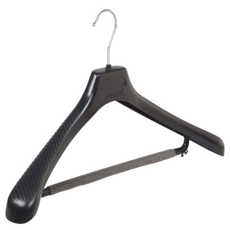 Mantelhanger - Kostuumhanger - Jassenhanger - Volwassenen - LS45 - 20 Stuks - Kunststof - Zwart - Gebogen Model - Schouderverbreding 5 cm - Broeklat met Schuim - 45 cm - Kledinghanger - Kleerhanger - LS-Serie