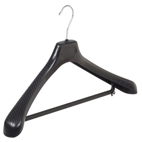 Mantelhanger - Kostuumhanger - Jassenhanger - Volwassenen - LS48 - 20 Stuks - Kunststof - Zwart - Gebogen Model - Schouderverbreding 5 cm - Broeklat - 48 cm - Kledinghanger - Kleerhanger - LS-Serie