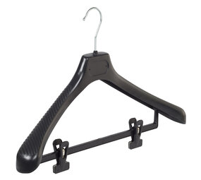 Mantelhanger - Kostuumhanger - Jassenhanger - Volwassenen - LS48 - 30 Stuks - Kunststof - Zwart - Gebogen Model - Schouderverbreding 5 cm - Anti-slip Knijpers - 48 cm - Kledinghanger - Kleerhanger - LS-Serie