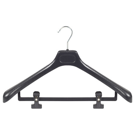 Mantelhanger - Kostuumhanger - Jassenhanger - Volwassenen - LS48 - 30 Stuks - Kunststof - Zwart - Gebogen Model - Schouderverbreding 5 cm - Anti-slip Knijpers - 48 cm - Kledinghanger - Kleerhanger - LS-Serie
