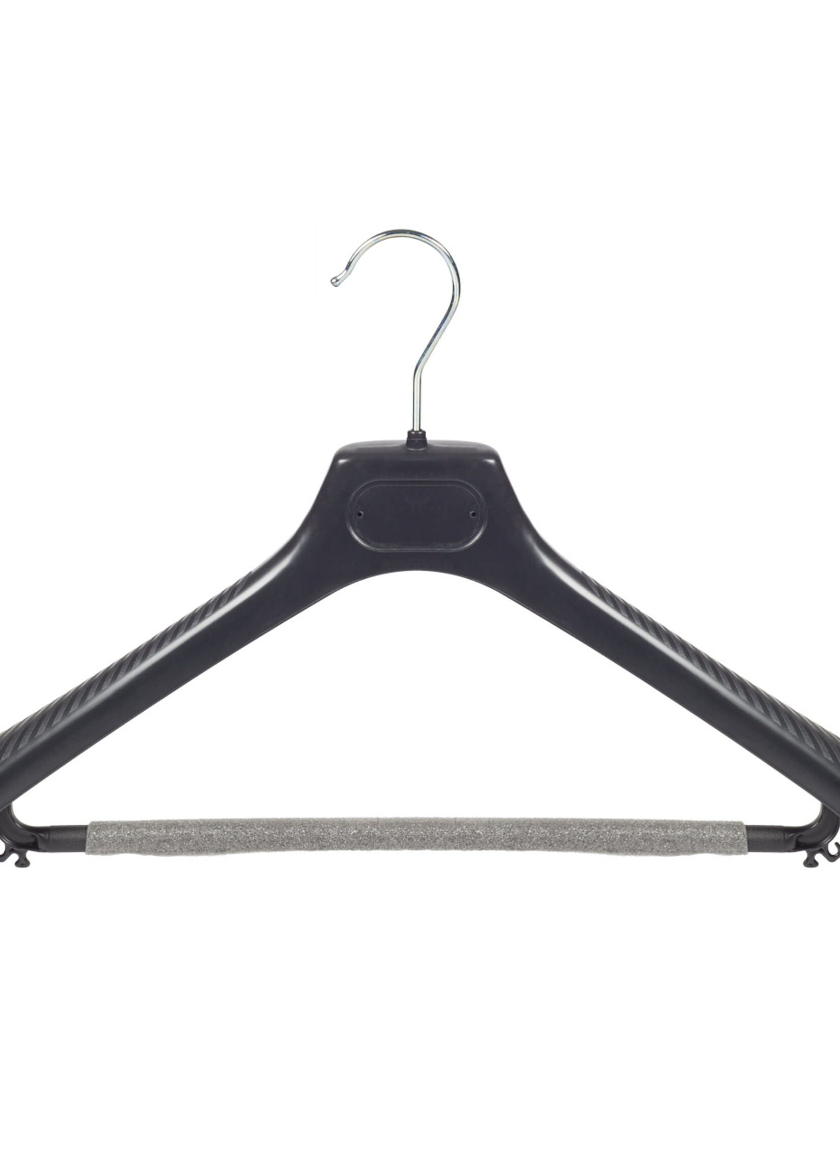 Mantelhanger - Kostuumhanger - Jassenhanger - Volwassenen - LS48 - 20 Stuks - Kunststof - Zwart - Gebogen Model - Schouderverbreding 5 cm - Broeklat met Schuim - 48 cm - Kledinghanger - Kleerhanger - LS-Serie