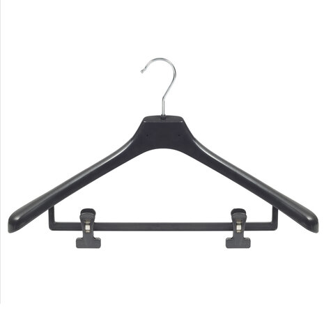 Mantelhanger - Kostuumhanger - Jassenhanger - Volwassenen - LX50 - 10 Stuks - Kunststof - Zwart - Gebogen Model - Schouderverbreding 4,2 cm - Anti-slip Knijpers - 50 cm - Kledinghanger - Kleerhanger - LX-Serie