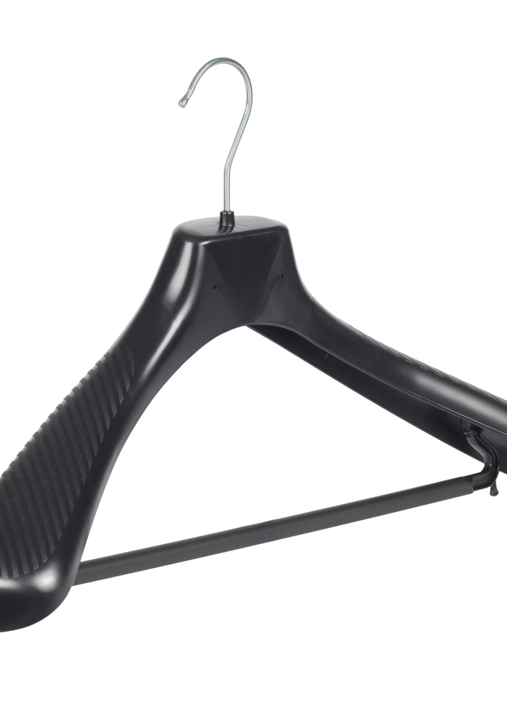 Mantelhanger - Kostuumhanger - Jassenhanger - Volwassenen - GP45 - 20 Stuks - Kunststof - Zwart - Gebogen Model - Schouderverbreding 7 cm - Broeklat - 45 cm - Kledinghanger - Kleerhanger - GP-Serie