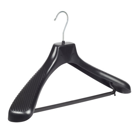 Mantelhanger - Kostuumhanger - Jassenhanger - Volwassenen - GP45 - 50 Stuks - Kunststof - Zwart - Gebogen Model - Schouderverbreding 7 cm - Broeklat - 45 cm - Kledinghanger - Kleerhanger - GP-Serie