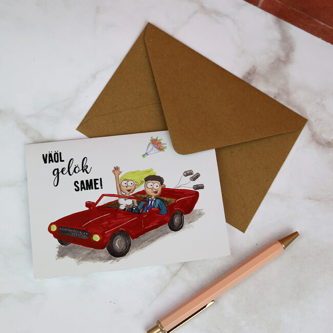 Limburgs Kwartet Wenskaart 'Trouwoto Väöl gelök same'