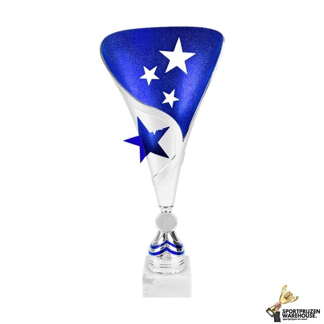 Zilveren trofee met blauw accent