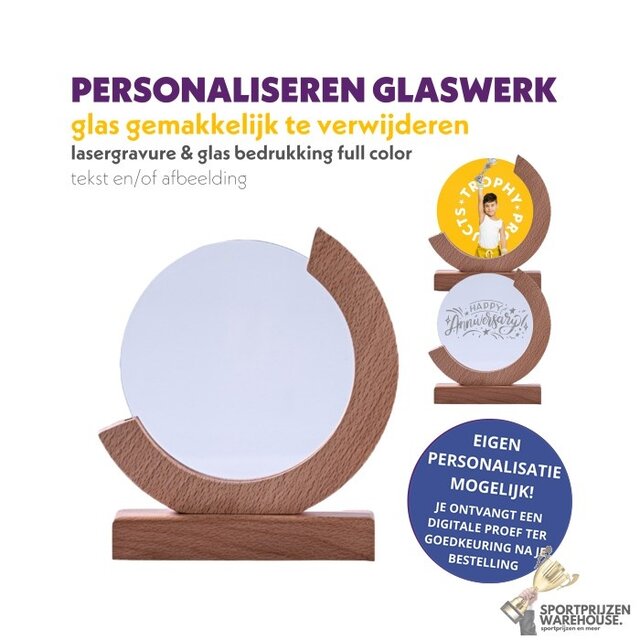 Luxe houten glazen trofee met graveeropties Luxe houten glazen trofee met graveeropties