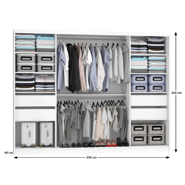 Kledingkast wit 235 cm met spiegel schuifdeuren en 2 lades Kledingkast wit 235 cm met spiegel schuifdeuren en 2 lades