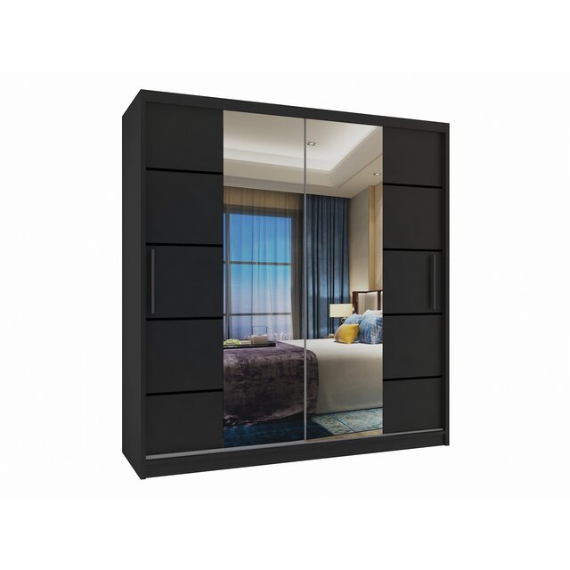 Kledingkast  zwart 158 cm breed met spiegel en 2 lades