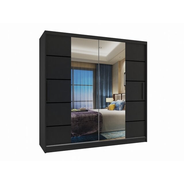 Kledingkast zwart  200 cm  met spiegel en 2 lades