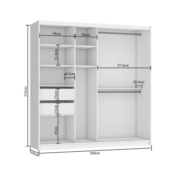 Kledingkast zwart  200 cm  met spiegel en 2 lades