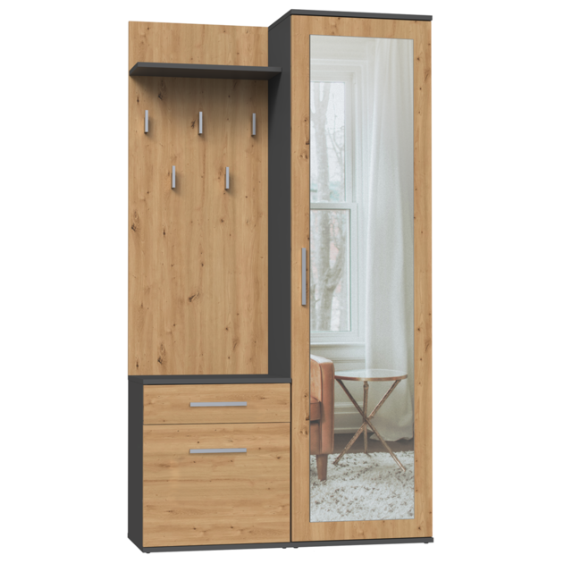 Hal kast Met Kapstok  en spiegel Antraciet Eiken