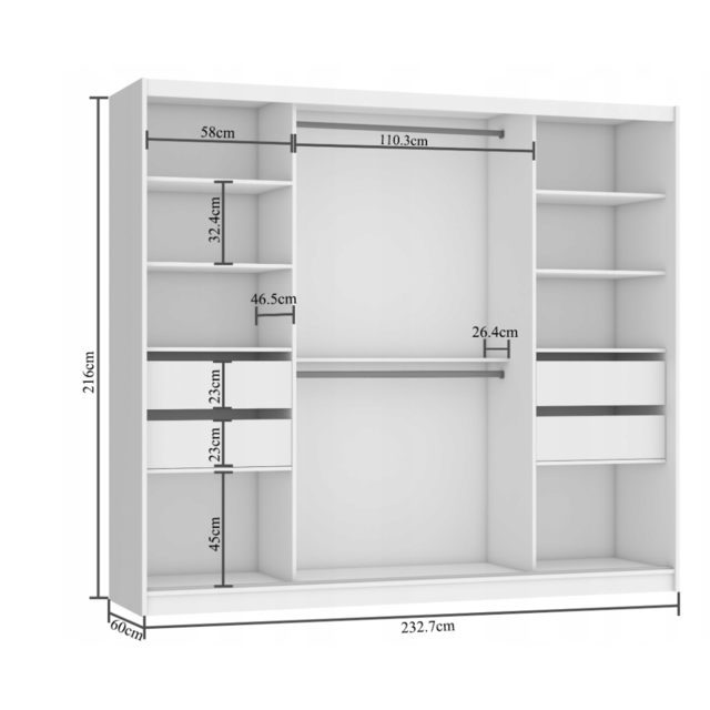 Kledingkast 235 cm  met spiegel en lades