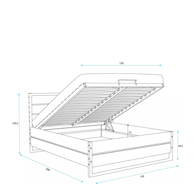 Eiken bed met metalen frame en opbergruimte