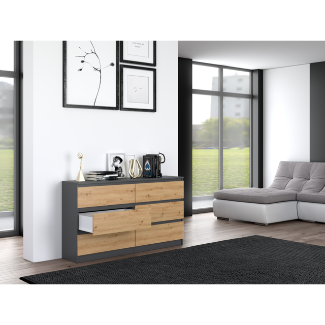 Ladekast  antraciet eiken 6 lades 140 cm