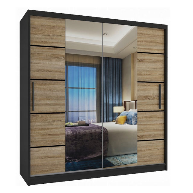 Kledingkast  zwart licht eiken  158 cm breed met spiegel en 2 lades