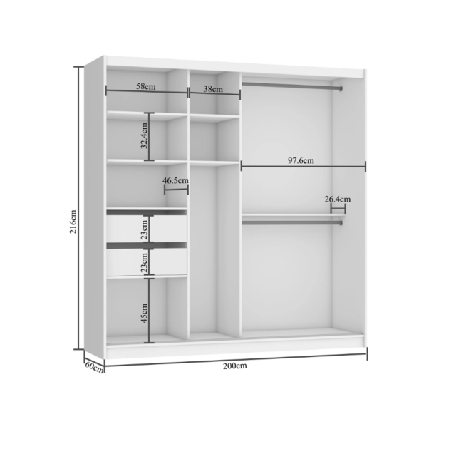 Kledingkast  zwart glans met spiegel 200 cm breed