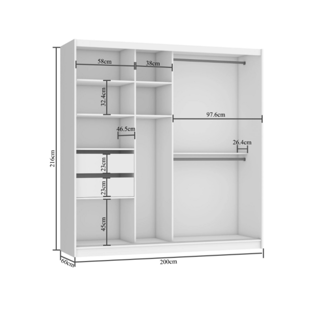 Kledingkast  zwart antraciet glans met spiegel 200 cm breed