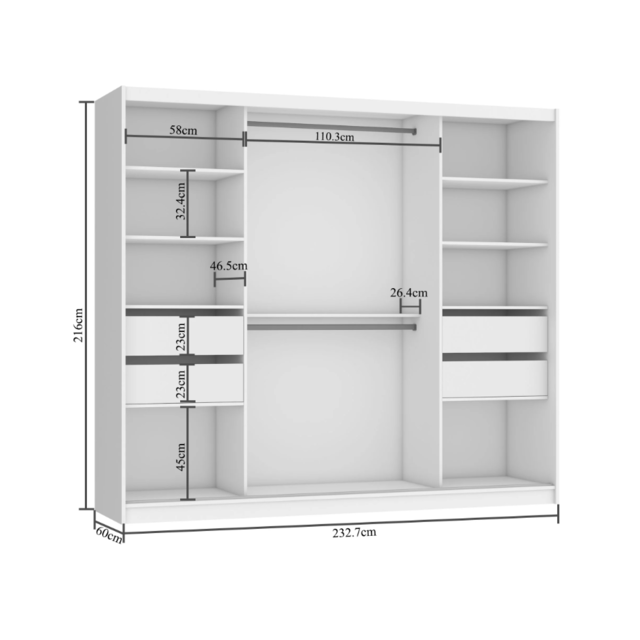 Kledingkast wit glans 235 cm  met spiegel  lades