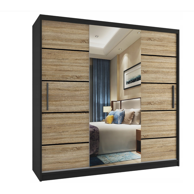 Kledingkast zwart licht eiken 200 cm  met spiegel en 2 lades