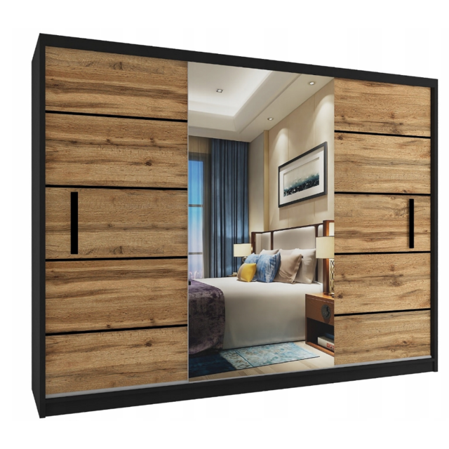 Kledingkast zwart eiken 235 cm  met spiegel en lades Kledingkast zwart eiken 235 cm  met spiegel en lades