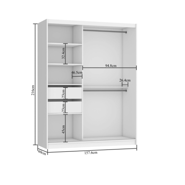 Kledingkast wit glans 158 cm breed met spiegel en 2 lades