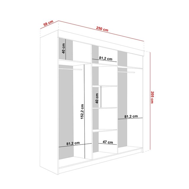 Schuifdeurkast  met spiegel  lamaro 250 cm zwart antraciet