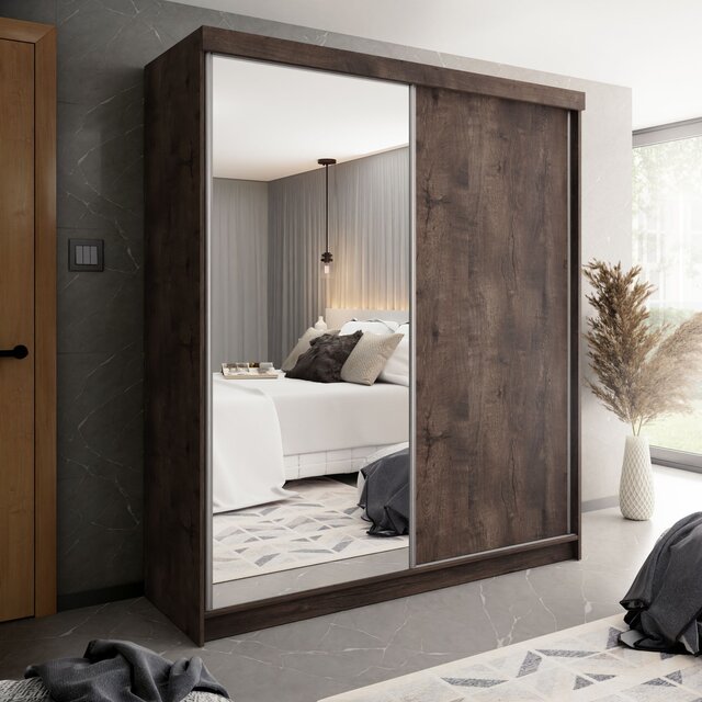 Schuifdeurkast donker eiken met spiegel 200 cm