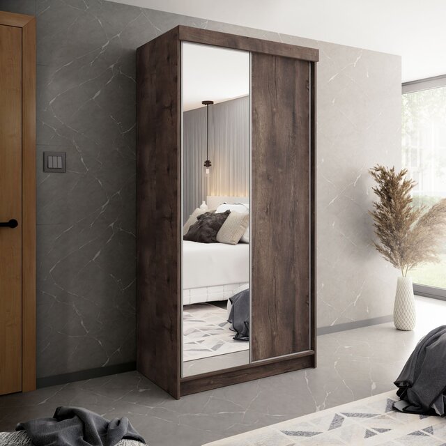 Schuifdeurkast donker eiken met spiegel  100 cm