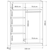Schuifdeurkast rivano met spiegel wit 150  x 200 x 60 cm