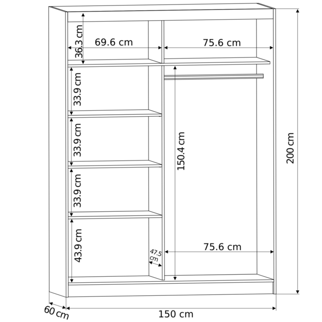 Schuifdeurkast rivano met spiegel wit 150  x 200 x 60 cm