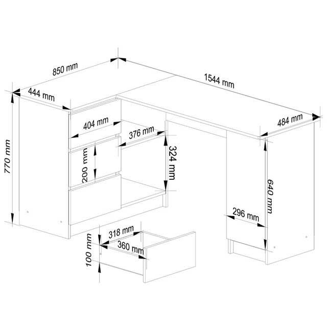 Hoekbureau B20 3 lades wit