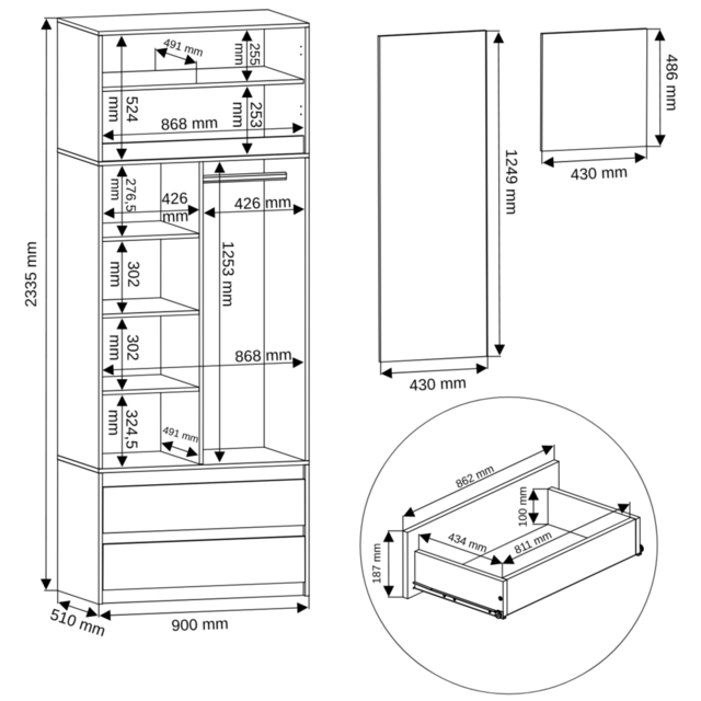 Kledingkast antraciet XL 2 lades
