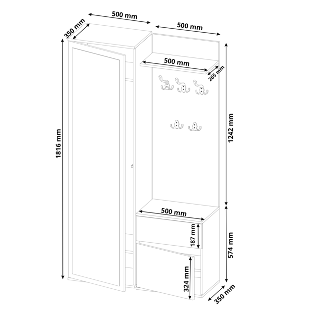 Halkast Met Kapstok  en spiegel antraciet
