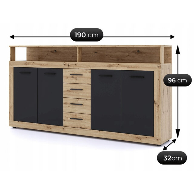 Dressoir  190 cm Breed-Antraciet Eiken