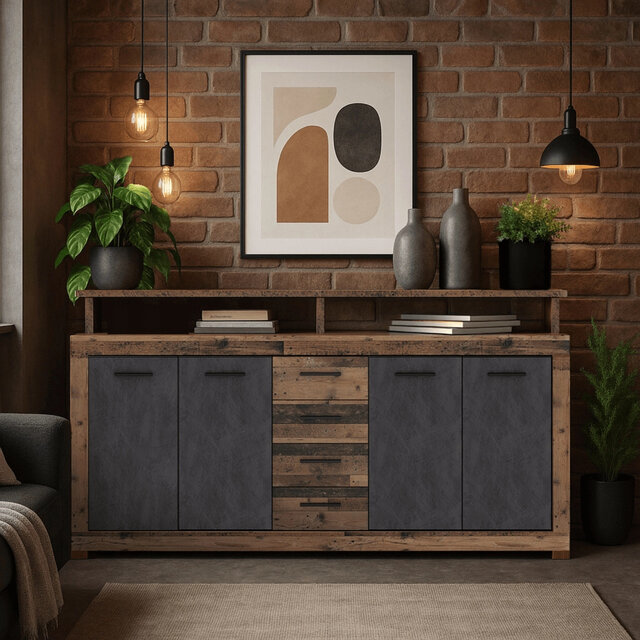 Dressoir  190 cm Breed  oud eiken  antraciet