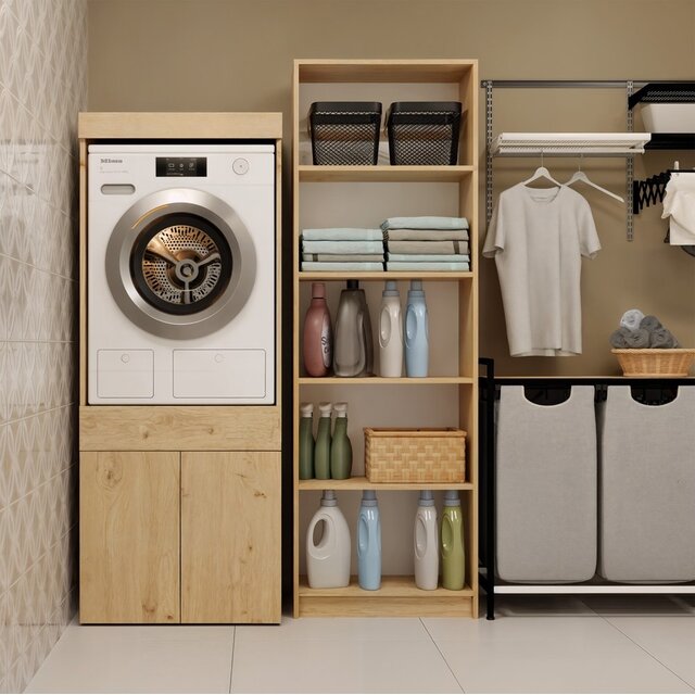 Wasmachine en wasdroger kast met lade eiken  set 2 stuks