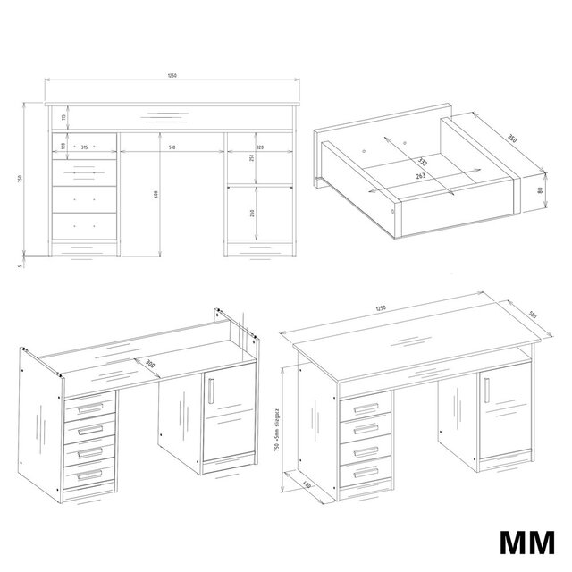 Bureau ADA Wit 125 cm 4 lades