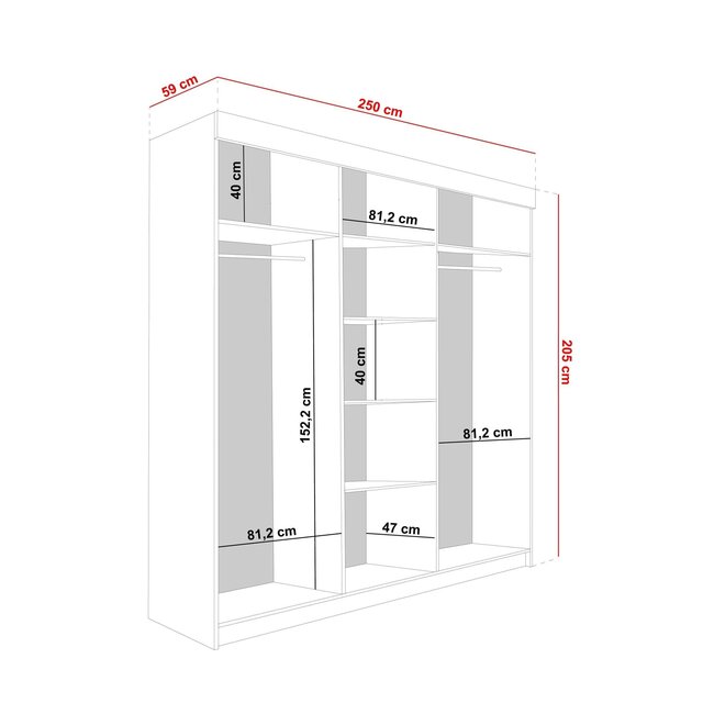 Schuifdeurkast  met spiegel  lamaro 250 cm zwart  eiken