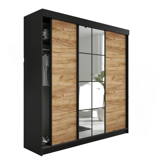 Schuifdeurkast  met spiegel  lamaro 250 cm zwart  eiken