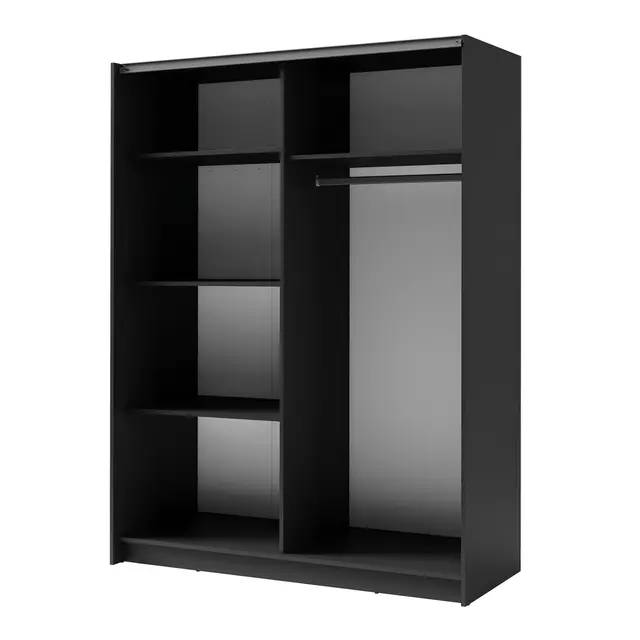 Zwarte kledingkast met spiegel en schuifdeuren – 180 x 198 x 62 cm – 4 legplanken