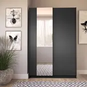 Zwarte kledingkast met spiegel en schuifdeuren – 180 x 198 x 62 cm – 4 legplanken