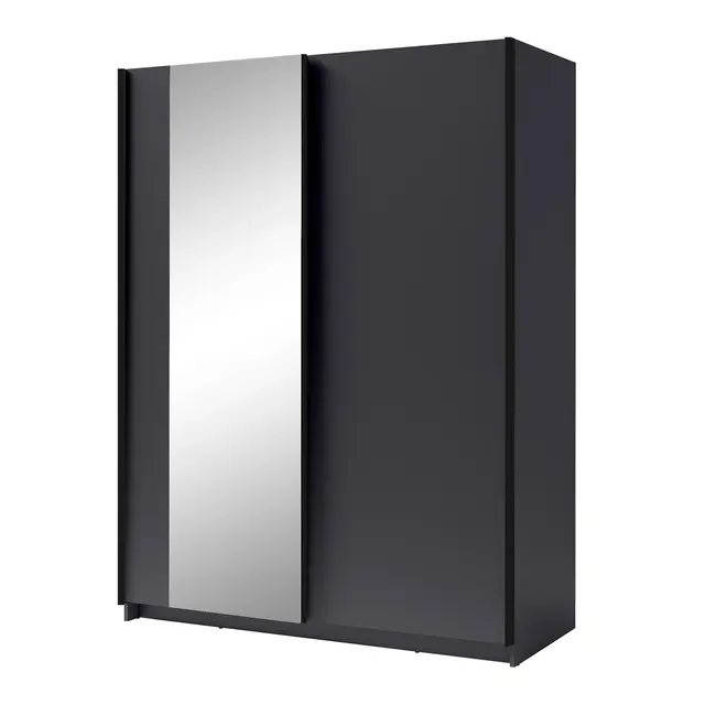 Zwarte kledingkast met spiegel en schuifdeuren – 150 x 198 x 62 cm – 4 legplanken
