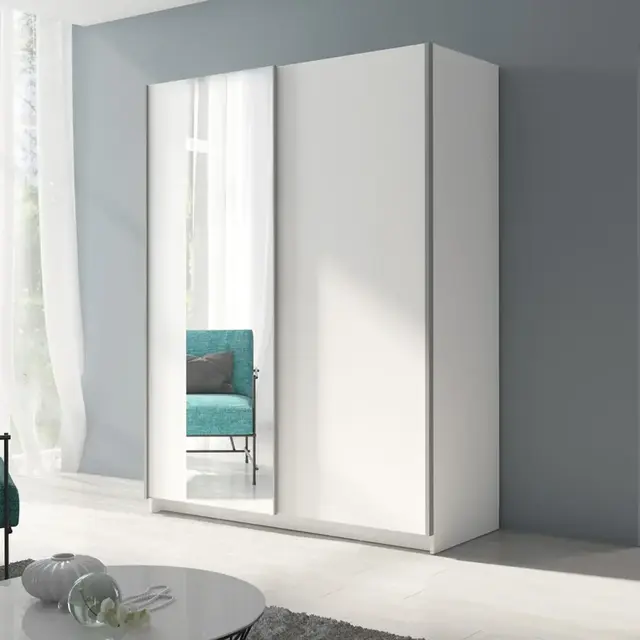 Witte kledingkast met spiegel en schuifdeuren – 150 x 198 x 62 cm – 4 legplanken