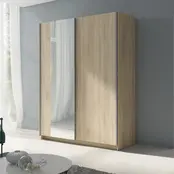 Licht Eiken kledingkast met spiegel en schuifdeuren – 150 x 198 x 62 cm – 4 legplanken