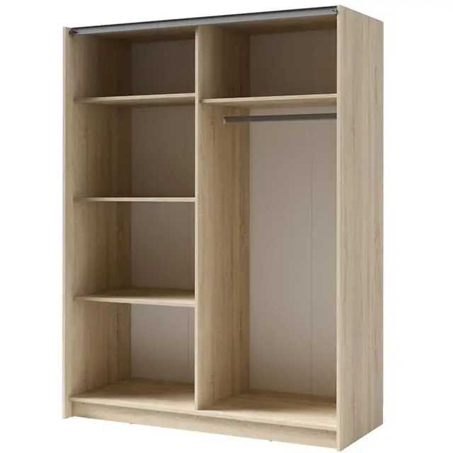 Licht Eiken kledingkast met spiegel en schuifdeuren – 150 x 198 x 62 cm – 4 legplanken