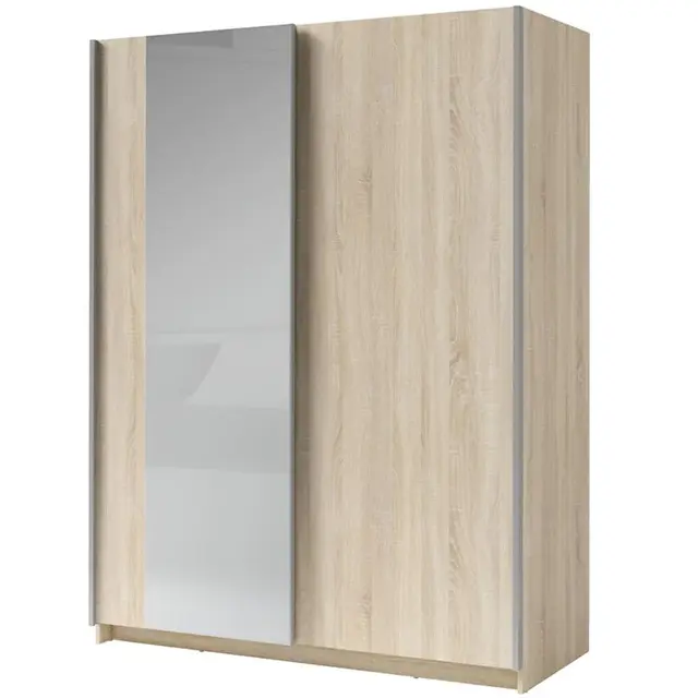 Licht Eiken kledingkast met spiegel en schuifdeuren – 180 x 198 x 62 cm – 4 legplanken