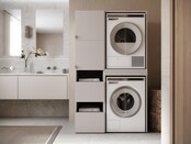 Wasmachine/wasdroger kast met lade en zij kast creme