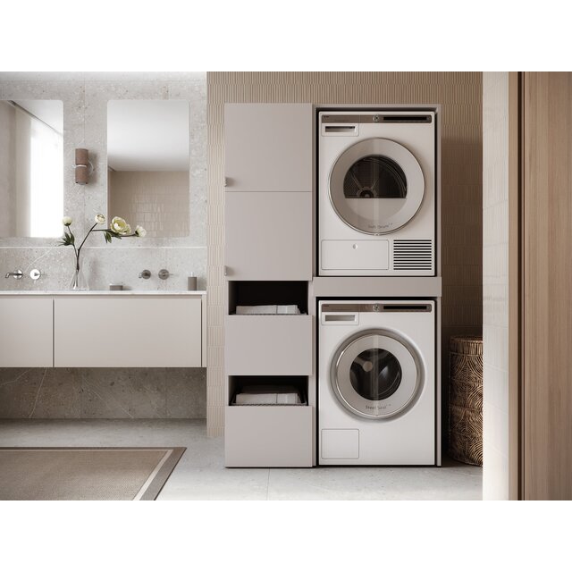 Wasmachine/wasdroger kast met lade en zij kast creme