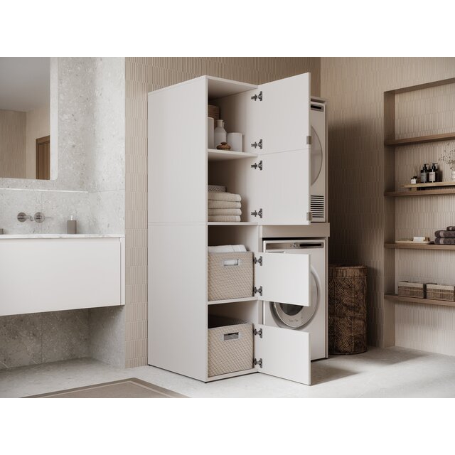 Wasmachine/wasdroger kast met lade en zij kast creme